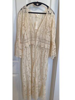 ADIVA Cream Lace Duster Kimono Boho Long Cardigan Small NWT